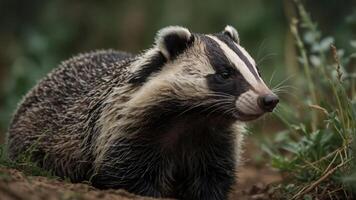 A close-up of a badger in a natural setting, showcasing its distinctive fur and features. photo