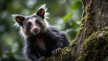 A close-up of a small, furry animal perched on a mossy tree branch in a lush environment. photo