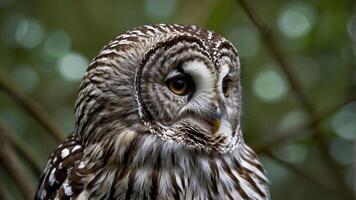 A close-up of a beautifully patterned owl, showcasing its striking eyes and feathers. photo
