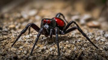 A close-up of a spider with a glossy black body and striking red markings on its back. photo