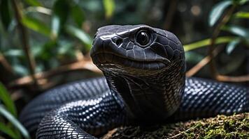 A close-up of a black snake resting on moss in a lush, green environment. photo