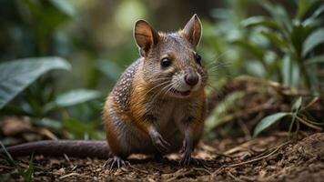 A close-up of a small rodent in a natural setting, surrounded by greenery and soil. photo