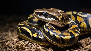 A close-up of a coiled snake showcasing its intricate patterns and textures. photo