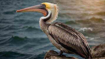 A pelican perched on a rock by the sea, showcasing its distinctive features and habitat. photo