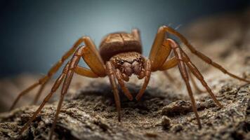 A close-up view of a brown spider on textured wood, highlighting its features and habitat. photo