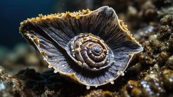 A close-up of a unique seashell showcasing intricate patterns and textures. photo