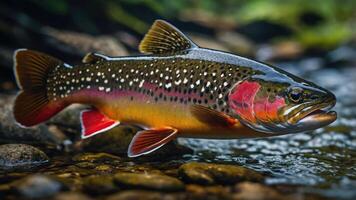 A vibrant trout swimming in a clear stream, showcasing its colorful scales and fins. photo