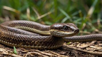 A close-up of a brown snake resting on the ground among grass and leaves. photo