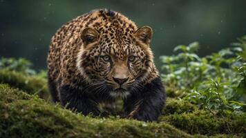 A close-up of a leopard prowling through lush greenery, showcasing its striking fur and intent gaze. photo