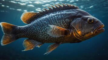 A detailed underwater image of a fish swimming gracefully. photo