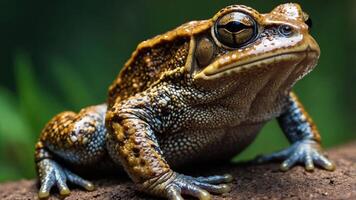 A close-up of a textured brown toad resting on a log in a natural setting. photo