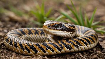 A close-up of a colorful snake resting on the ground among grass. photo