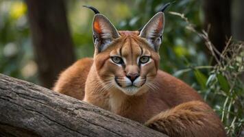 A close-up of a caracal resting on a log in a natural setting. photo