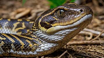 A close-up of a snake showcasing its scales and features in a natural setting. photo