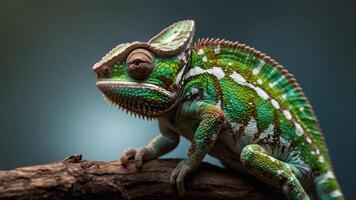 A vibrant chameleon perched on a branch, showcasing its colorful scales and unique features. photo