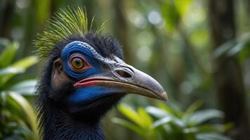 A close-up of a cassowary with vibrant colors in a lush, green environment. photo