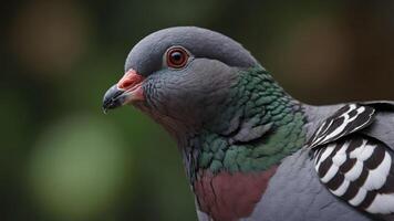 Close-up of a pigeon showcasing its colorful feathers and distinctive features. photo