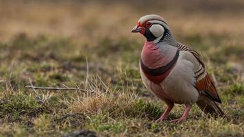 A colorful bird stands on the grass, showcasing its unique plumage and features. photo
