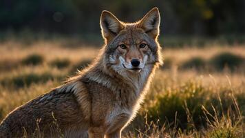 A close-up of a coyote in a sunlit field, showcasing its alert expression and fur texture. photo