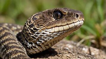 A close-up of a snake's head showcasing its scales and features in a natural setting. photo