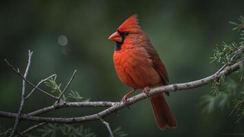A vibrant red cardinal perched on a branch, showcasing its striking plumage against a blurred background. photo