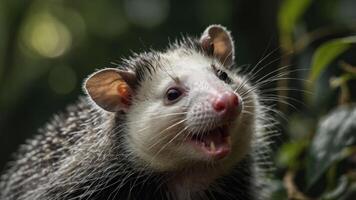 A close-up of a smiling opossum in a natural setting. photo