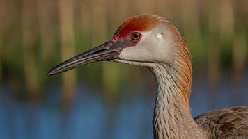 Close-up of a bird with a distinctive red crown and long beak, set against a blurred background. photo