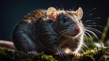 A close-up of a rat with detailed fur and expressive features in a natural setting. photo