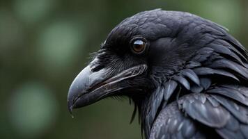 A close-up profile of a raven showcasing its glossy black feathers and sharp beak. photo