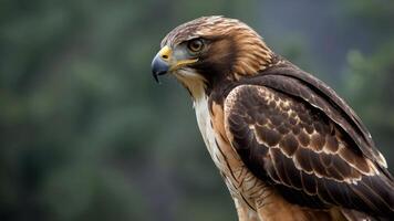 A close-up of a hawk showcasing its sharp features and striking plumage. photo