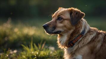 A close-up of a golden-brown dog in a natural setting, showcasing its profile and expression. photo