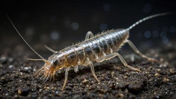 A close-up of a translucent insect crawling on dark soil. photo