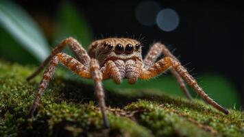 A close-up image of a spider on moss, showcasing its intricate features and natural habitat. photo