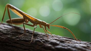 A close-up of a grasshopper perched on a wooden branch with a blurred green background. photo