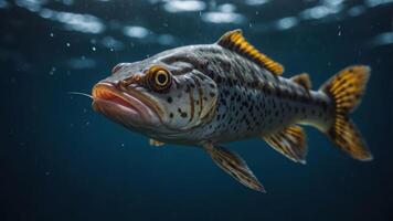 A close-up of a spotted fish swimming in a dark underwater environment. photo