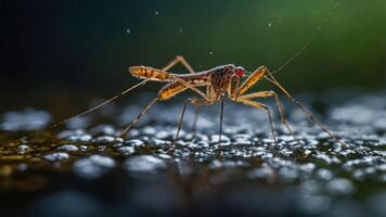 A close-up of a mosquito on a wet surface, showcasing its intricate details. photo