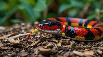 A colorful snake with red, black, and yellow bands, resting on the ground in a natural setting. photo