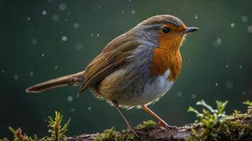 A close-up of a robin perched on a branch, surrounded by soft rain droplets. photo