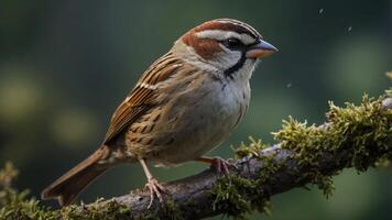 A close-up of a sparrow perched on a mossy branch in a natural setting. photo