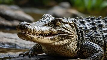 A close-up of a crocodile resting near a water body, showcasing its textured skin and sharp teeth. photo