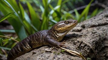 A close-up of a skink resting on a log amidst green foliage. photo