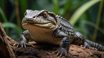 A close-up of a reptile resting on a log in a lush green environment. photo