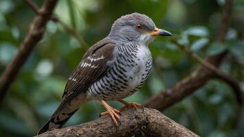 A detailed image of a bird perched on a branch amidst green foliage. photo