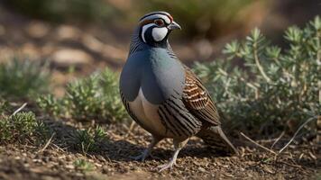 A close-up of a colorful bird standing on the ground amidst greenery. photo