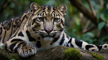 A close-up of a majestic clouded leopard resting on a mossy log in a lush forest environment. photo