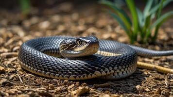A close-up of a coiled snake resting on the ground among greenery. photo