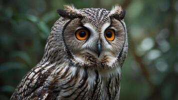 A close-up of a striking owl with large orange eyes and intricate feather patterns. photo