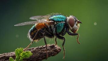 A close-up of a colorful fly perched on a branch with a blurred green background. photo