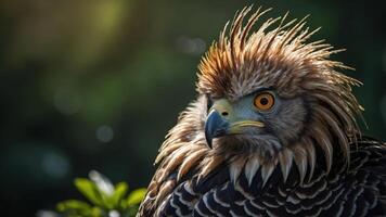 A close-up of a majestic hawk with striking feathers and intense eyes in natural light. photo