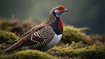 A close-up of a colorful bird standing on mossy ground in a natural setting. photo